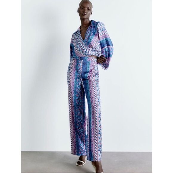 NWT Zara Satin Effect High Waisted Wide Leg Printed Pants, Size Medium - Picture 6 of 16